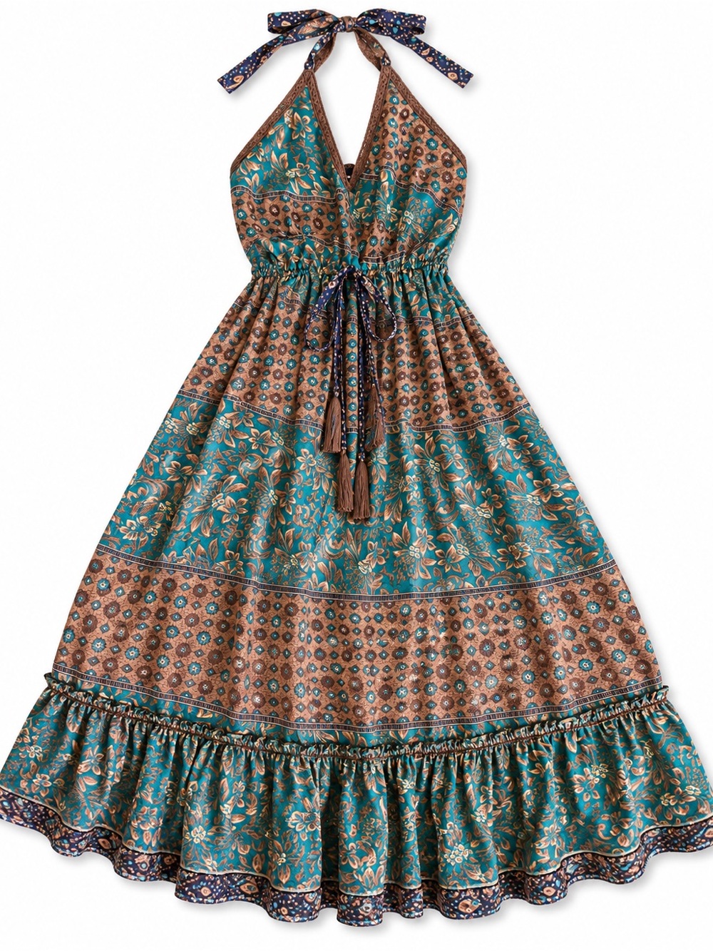 Boho Halter Maxi Dress in Teal and Brown